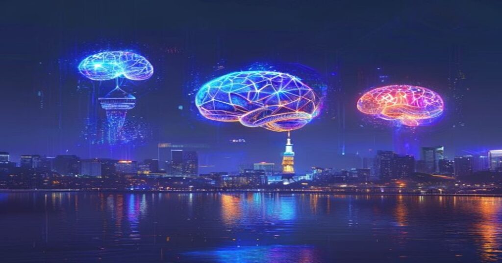 ChatGPT, Claude, Gemini 세 AI 모델을 상징하는 빛나는 크리스털이 서울 야경 위로 떠 있는 미래적인 일러스트레이션