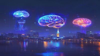 ChatGPT, Claude, Gemini 세 AI 모델을 상징하는 빛나는 크리스털이 서울 야경 위로 떠 있는 미래적인 일러스트레이션