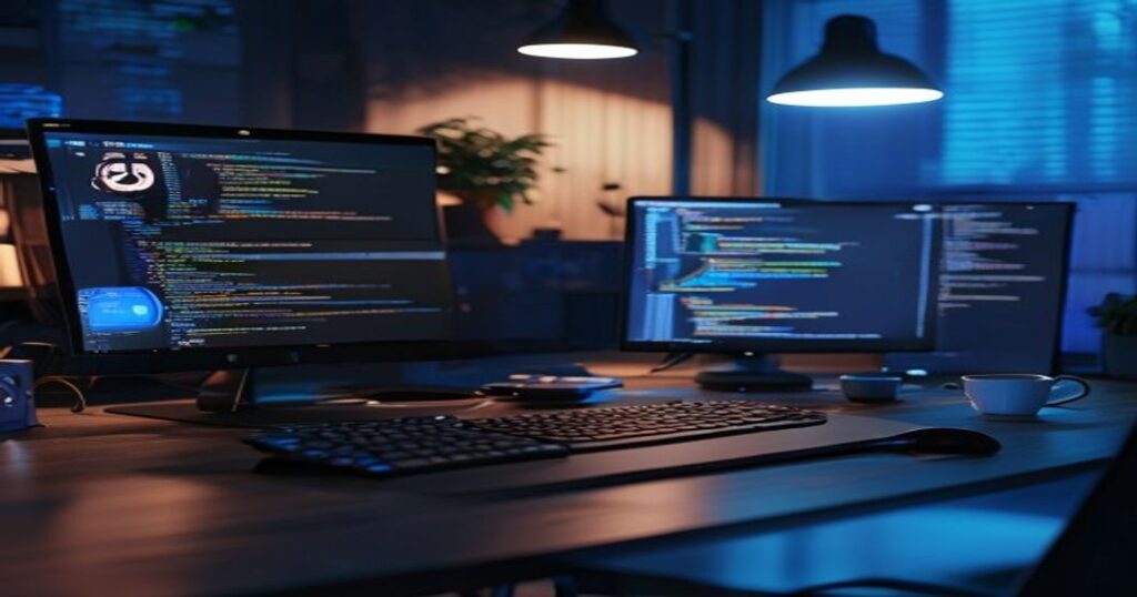 Claude Code 한국어 터미널 화면과 한국 개발자 워크스페이스 — MacBook과 한국어 키보드, 듀얼 모니터 환경